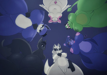 anthro belly big_breasts big_butt biped black_body black_eyes blue_body breasts butt clothing eyelashes female female_anthro genitals green_body group hair hat headgear headwear looking_at_viewer looking_down looking_down_at_viewer low-angle_view nipples nude nude_anthro nude_female omi_(skrabe) pasties pubes purple_body standing vulva white_body worm's-eye_view magixel sefex magixel_universe deydalia_(magixel) frosk_(magixel) pimi_(magixel) valvi_(magixel) yumi_(magixel) amphibian bear canid canine fox frog mammal hi_res watermark