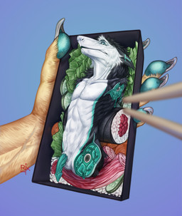 4_missing_limbs ambiguous_gender amputee anatomically_correct anatomically_correct_genitalia anatomically_correct_penis animal_genitalia anthro balls black_body black_fur blood blue_background blue_blood blue_eyes blue_markings blue_penis bodily_fluids bone character_prepared_as_food cheek_tuft chopsticks claws colored_blood detached_sheath disability duo ears_back exposed_bone facial_tuft finger_claws fingerpads flaccid food fur genitals glistening glistening_eyes gore grey_claws head_tuft logo looking_at_viewer male markings mouth_closed pawpads penis pivoted_ears quadruple_amputee salad sergal_penis sheath simple_background solo_focus sushi tapering_glans tuft unusual_blood unusual_bodily_fluids white_balls white_body white_fur white_sheath riorix schmitt sergal 2019 artist_logo dated hi_res
