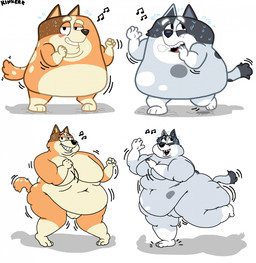 3_toes 4_fingers anthro arms_bent bedroom_eyes big_breasts big_eyes biped black_body black_ears black_eyes black_fur black_nose black_spots black_tail black_tail_tip blush blush_lines bodily_fluids breast_size_difference breasts brown_body brown_ears brown_fur cheek_tuft cracked_ground cracks dancing dark_body dark_fur dark_markings deep_navel dipstick_tail duo eyebrows facial_tuft featureless_breasts feet female fingers flying_sweatdrops fur fur_tuft genitals glistening glistening_nose gloves_(marking) grey_body grey_breasts grey_ears grey_fur grey_tail grin grinning_at_viewer heterochromatic_ears huge_breasts humanoid_hands innie_vulva iris light_body light_fur light_markings looking_at_viewer looking_up markings mature_anthro mature_female motion_lines motion_outline multicolored_body multicolored_fur multicolored_tail musical_note musical_symbol narrowed_eyes navel no_pupils nude nude_anthro nude_female obese obese_anthro obese_female on_one_leg orange_body orange_fur orange_tail overweight overweight_anthro overweight_female plantigrade pointy_ears prick_ears raised_eyebrow red_blush seductive shadow sharp_teeth simple_background sister_in_law sisters-in-law smile smiling_at_viewer snout spots spotted_back spotted_body spotted_fur spotted_markings spotted_tail standing sweat sweatdrop sweaty_body sweaty_face sweaty_fur symbol tail tail_markings tan_inner_ear teeth thick_eyebrows toes tuft two_tone_tail vulva white_background white_body white_breasts white_eyebrows white_fur white_markings white_sclera white_spots white_tail roytund_fox bluey_(series) chilli_heeler trixie_heeler australian_cattle_dog canid canine canis cattledog domestic_dog herding_dog mammal pastoral_dog 2026 digital_drawing_(artwork) digital_media_(artwork) hi_res