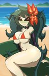 armwear beach big_breasts bikini bikini_top black_sclera breasts clothing female mostly_nude plant red_bikini_top red_eyes solo swimwear two-piece_swimsuit white_body thompson-vonjung roselle_(vonjungle) elemental_creature flora_fauna humanoid absurd_res hi_res