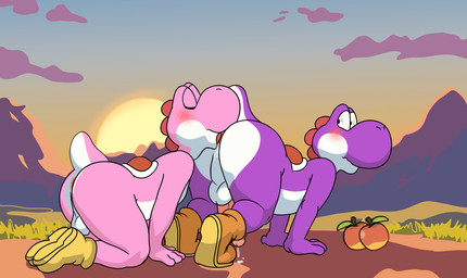 all_fours anal anthro anus balls blush bodily_fluids butt clothing cum duo erection eyes_closed footwear genital_fluids genitals male male/male nude oral penis precum rimming saliva_on_anus sex sky surprised tail tongue dinim mario_bros nintendo dinosaur pink_yoshi prehistoric_species purple_yoshi reptile scalie yoshi absurd_res hi_res