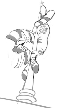 cutie_mark dancing ear_piercing female feral piercing pole simple_background solo stripes braeburned friendship_is_magic hasbro my_little_pony zecora_(mlp) equid equine mammal zebra 2012 digital_media_(artwork) greyscale hi_res monochrome