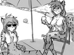 antenna_hair anthro ball beach breasts chair chest_tuft duo eyewear featureless_breasts female furniture glasses hair navel nude outside sitting smile spots stripes sunglasses tuft umbrella matz_the_kames twokinds flora_(twokinds) kathrin_vaughan canid canine felid feline hybrid keidran mammal pantherine tiger absurd_res hi_res monochrome sketch