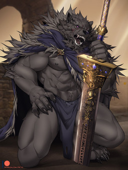 5_fingers anthro black_body black_fur black_nose black_sclera bottomwear cape claws clothing detailed_background fangs fingers fur kneeling loincloth male melee_weapon muscular muscular_anthro muscular_male navel nipples open_mouth purple_eyes scar solo sword teeth text tongue weapon patto elden_ring fromsoftware blaidd_(elden_ring) canid canine canis mammal wolf 2022 3:4 digital_media_(artwork) english_text hi_res url