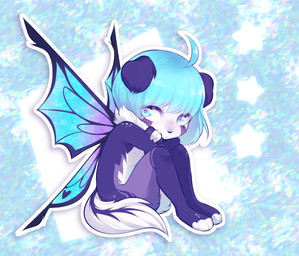 anthro blue_eyes blue_hair chibi crossed_arms floppy_ears fur hair heart_(marking) insect_wings lepidopteran_wings looking_at_viewer male markings purple_body purple_fur sitting solo white_body white_fur wings ivonchee chepi_(chepi~) canid canine canis domestic_dog faenine fairy hybrid mammal digital_media_(artwork)
