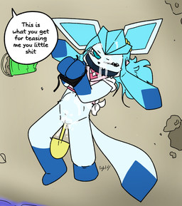 abdominal_bulge accessory after_sex anthro beach biped bird's-eye_view black_nose blue_body blue_eyes blue_fur blue_hair bodily_fluids bottomless bottomless_anthro bound bucket cloth_gag clothed clothing container crying cum cum_in_vagina cum_inflation cum_inside cum_on_body cum_on_face cum_on_ground dialogue female female_anthro fur gag gagged genital_fluids genitals gloves_(marking) hair hair_accessory hairclip hands_tied heart_symbol high-angle_view inflation insult leg_markings long_hair lying markings navel object_in_pussy object_penetration offscreen_character on_back one_eye_closed one_fang outside penetration profanity pupils questionable_consent saliva sand shovel socks_(marking) solo speech_bubble talking_to_another tears text tools vaginal vaginal_penetration vulva white_body white_fur white_pupils young young_anthro young_female lightningb0lt01 nintendo pokemon eeveelution generation_4_pokemon glaceon pokemon_(species) 2026 absurd_res digital_drawing_(artwork) digital_media_(artwork) english_text flat_colors hi_res signature