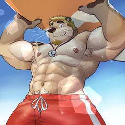 abs anthro armpit_hair beach biceps blue_sky bodily_fluids body_hair bottomwear clothing drawstring facial_hair happy_trail holding_object jewelry light male muscular muscular_anthro muscular_male necklace nipples pecs pendant raised_arms red_bottomwear red_clothing red_shorts shorts sky solo sunlight surfboard sweat swimming_trunks swimwear wet whiskers adios mammal mustelid otter 1:1 hi_res