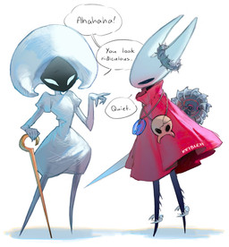 5_fingers anthro black_legs cloak clothing dialogue duo fingers holding_object melee_weapon monotone_cloak red_cloak red_clothing speech_bubble text weapon white_head keibleh hollow_knight:_silksong hollow_knight_(franchise) team_cherry hornet_(hollow_knight) lace_(hollow_knight:_silksong) arthropod 2025 artist_name english_text hi_res