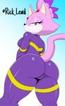 2024 anthro big_breasts black_nose blaze_the_cat breasts butt clothed clothing countershade_face countershading domestic_cat felid feline felis female fur hi_res looking_at_viewer looking_back looking_back_at_viewer looking_down looking_down_at_viewer low-angle_view mammal pink_body pink_fur pink_tail purple_clothing purple_suit rear_view rick_lewd sega skinsuit solo sonic_the_hedgehog_(series) standing suit tail tan_eyes tan_inner_ear thick_thighs tight_clothing white_body white_countershading