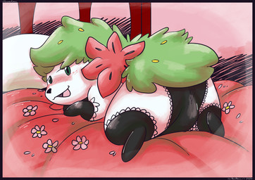 bed blush border clothed clothed_female clothed_feral clothing female feral flower_(anatomy) furniture green_body green_eyes legwear lingerie looking_at_viewer lying on_bed on_front open_mouth panties plant purple_border seductive solo stockings underwear white_body screamoshaymin nintendo pokemon elemental_creature flora_fauna generation_4_pokemon land_forme_shaymin legendary_pokemon pokemon_(species) shaymin absurd_res hi_res