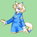 ambiguous_gender anthro blue_clothing blue_eyes blue_topwear clothing fur green_background hair happy looking_at_viewer simple_background solo tail topwear white_body white_fur white_hair ouka canid canine canis domestic_dog mammal 2010 digital_media_(artwork) japanese_description low_res pixel_(artwork) thumbnail