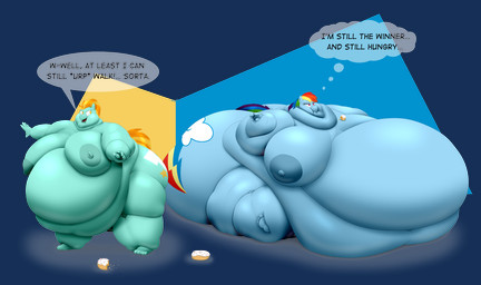5_fingers 5_toes anthro belly big_belly big_breasts blue_body blue_fur blue_nipples breasts dessert doughnut duo feet female fingers food fur green_body green_fur green_nipples huge_belly huge_breasts hyper hyper_belly immobile morbidly_obese morbidly_obese_anthro morbidly_obese_female nipples obese obese_anthro obese_female overweight overweight_anthro overweight_female pastry sitting standing tail text toes doublef-returns friendship_is_magic hasbro my_little_pony rainbow_dash_(mlp) equid equine horse mammal pony alpha_channel english_text hi_res shaded