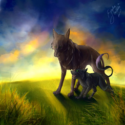 ambiguous_gender day detailed_background duo feral open_mouth outside sky standing teeth tongue juliagoldfox canid canine canis mammal wolf 1:1 2015 absurd_res digital_media_(artwork) hi_res