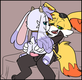 anthro balls bell bell_collar blush bodily_fluids bottomless butt clothed clothing coat coat_only collar cowgirl_position duo eyewear eyewear_on_head female from_front_position fur genital_fluids genitals green_eyes grinding_on_penis hair holding_butt horn inner_ear_fluff jacket long_ears looking_at_viewer male male/female nude on_bottom on_top open_mouth penetration penile penis purple_body purple_fur pussyjob sex simple_background sitting sitting_on_another sitting_position smile sunglasses sunglasses_on_head tail tapering_penis tongue topwear topwear_only tuft vaginal vulva yellow_body yellow_fur young conditional_dnp muffinlewds billie_bust_up nintendo pokemon billie_(billie_bust_up) kyle_(braixenfan) bovid braixen canid canine caprine generation_6_pokemon goat mammal pokemon_(species) digital_media_(artwork) hi_res nonbinary_(lore)