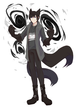 2_tails black_body black_bottomwear black_clothing black_footwear black_fur black_hair black_pants black_shoes blue_eyes bottomwear clothed clothing footwear fur grey_clothing grey_topwear hair jewelry looking_at_viewer magic_user male multi_tail necklace pants short_hair simple_background smile solo standing tail topwear unsigned white_background corzh77 animal_humanoid humanoid absurd_res full-length_portrait hi_res portrait