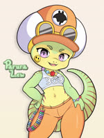 anthro bald big_butt big_hat bottomwear bracelet breasts butt cabbie_hat chibi circle_eyebrows claws cleavage clothed clothing crop_top curled_tail eyebrows eyewear fangs female glistening glistening_body glistening_skin goggles green_body hat headgear headwear jewelry long_tail markings multicolored_body navel necklace orange_bottomwear orange_clothing orange_hat orange_headwear orange_pants pants pose pupils purple_eyes shirt short_loop short_stack slit_pupils smile smiley_face smirk solo striped_body striped_markings striped_tail stripes tail tail_markings tank_top teeth thick_thighs topwear two_tone_body white_clothing white_hat white_headwear yellow_body parura_lew_(artist) tansau candy_(tansau) gecko lizard reptile scalie yellow-throated_day_gecko 2023 2d_animation animated motion_tweening no_sound short_playtime webm