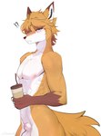 anthro balls blue_eyes blush breasts brown_body brown_fur coffee_cup container cup fur genitals hair looking_at_viewer male nipples nude orange_body orange_fur simple_background solo tail white_body white_fur ranadi canid canine fox mammal absurd_res hi_res