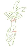 antennae_(anatomy) anthro arthropod_abdomen bottomwear bottomwear_down clothed clothing eyelashes female flat_chested genitals green_body hands_behind_head humanoid_genitalia humanoid_pussy innie_pussy looking_at_viewer navel partially_clothed pussy red_bottomwear red_clothing red_topwear slim_anthro slim_female solo standing three-quarter_view topwear topwear_lift the_weaver monstro_village elinda arthropod insect mantis 2024 colored_line_art digital_drawing_(artwork) digital_media_(artwork) full-length_portrait line_art portrait restricted_palette