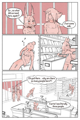 ambiguous_gender anthro antlers anxiety blush border choker clerk clothing dialogue female freckled_face freckles group hair horn inside jewelry male necklace shopping shopping_cart store tail text white_border ombwie carrie_(ombwie) lila_(ombwie) val_(ombwie) canid canine deer lagomorph leporid mammal mouse murid murine rabbit rodent sciurid 2:3 comic digital_media_(artwork) english_text hi_res