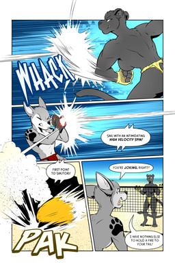 anthro ball blurred_background clothed clothing dialogue duo female fingerless_gloves gloves handwear motion_blur motion_lines net onomatopoeia sand sky sound_effects tattoo text topless volleyball_net water rick_griffin ideka sakitori canid canine canis felid mammal pantherine wolf 2024 comic english_text hi_res