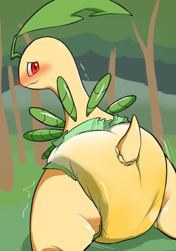 ambiguous_gender anthro anthrofied blush bodily_fluids butt clothed clothing diaper embarrassed genital_fluids looking_at_viewer looking_back looking_back_at_viewer outside padded padding peeing pokemorph solo unclean_diaper urine used_diaper wearing_diaper wet wet_diaper wetting wetting_diaper milklemon5127 nintendo pokemon bayleef generation_2_pokemon pokemon_(species) hi_res