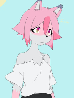 anthro black_bottomwear black_clothing black_pants blue_ears bottomwear clothed clothing female fur hair multicolored_body multicolored_ears multicolored_eyes multicolored_fur orange_eyes pants pink_body pink_ears pink_eyes pink_fur pink_hair shirt solo topwear white_body white_clothing white_fur white_shirt white_topwear yellow_eyes hikaridraws brand_new_animal studio_trigger nazuna_hiwatashi canid canine fox mammal 3:4 absurd_res hi_res