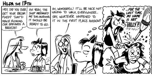 4_panel_comic anthro attack beverage body_hair bottomwear broom butter casual_clothing cleaning_tool clothed clothed_anthro clothed_female clothing coffee dairy_products dialogue dwarfism ear_piercing ear_ring eyewear female food fully_clothed fully_clothed_anthro fully_clothed_female glasses group hair hairy_legs horn leg_hair long_hair magic_user markings memory mole_(marking) pancake piercing ring_piercing shorts smile speech_bubble syrup text thought thought_bubble thoughts trio wearing_glasses witch x_eyes mellodillo cole_(mellodillo) gwen_(mellodillo) hilda_(mellodillo) afghan_hound bovid canid canine canis caprine domestic_cat domestic_dog felid feline felis goat hunting_dog mammal sighthound 2026 comic english_text hi_res multiple_scenes
