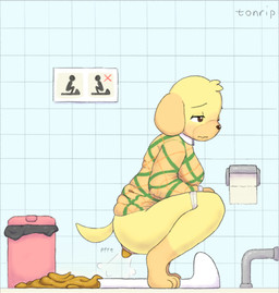 anthro anus breasts butt clothing clothing_around_legs crouching fart fart_cloud feces feces_pile female female_farting female_pooping floppy_ears fur head_tuft leg_markings markings medium_breasts narrowed_eyes panties panties_around_legs pattern_clothing pattern_topwear pooping_on_floor scatplay socks_(marking) solo sound_effects squat_toilet tail text toilet_paper toilet_use topwear trash_can tuft underwear underwear_around_legs yellow_body yellow_fur tonrip animal_crossing nintendo goldie_(animal_crossing) canid canine canis domestic_dog mammal artist_name hi_res