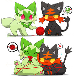 :3 ^w^ ambiguous_gender ball_of_yarn black_body black_ears black_fur black_tail blush bound cheek_tuft cute_fangs duo facial_tuft fangs feral fur green_body green_ears green_fur green_tail heart_symbol holding_object kemono multicolored_body multicolored_fur musical_note musical_symbol open_mouth open_smile pawpads paws pink_pawpads red_body red_eyes red_fur simple_background sitting smile symbol tail tail_motion tailwag teeth thought_bubble tuft two_tone_body two_tone_fur white_background yarn yellow_eyes tontaro nintendo pokemon felid feline generation_7_pokemon generation_9_pokemon litten mammal pokemon_(species) sprigatito 1:1 2d_animation animated frame_by_frame signature watermark