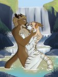 anthro duo female hand_on_cheek hand_on_chest hug kissing male male/female outside tail waterfall dovedcreations mythology gwynn_(icy-marth) ned_poynter dragon drulttur felid mammal mythological_creature mythological_scalie scalie 3:4 absurd_res hi_res