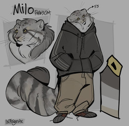 anthro bottomwear clothing footwear grumpy hand_in_pocket hoodie jacket male pants pockets shoes solo topwear infezmite felid feline mammal pallas's_cat hi_res