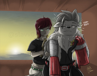 anthro belt blonde_highlights bottomwear brush brushing brushing_hair clothed clothing cybernetic_arm cybernetic_limb detailed_background duo female fur green_eyes grey_body grey_fur grey_hair hair highlights_(coloring) light mask mechanical_arm morning one_eye_closed pants personal_grooming red_eyes red_hair shirt star styling_hair sun sunlight text topless topless_anthro topwear white_body white_fur slavv0 bandai_namco digimon digimon_beatbreak reina_sakuya digimon_(species) human mammal wolvermon 2025 english_text signature