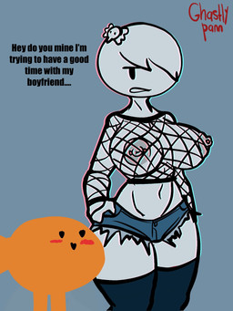 accessory big_breasts big_nipples black_eyes blue_background blush bottomwear breasts clothing duo female fishnet_clothing hair hair_accessory half-closed_eyes huge_breasts narrowed_eyes navel nipple_piercing nipples orange_body piercing shorts simple_background text white_body white_hair white_skin ghastlypann cartoon_network the_amazing_world_of_gumball carrie_krueger darwin_watterson aquatic fish ghost spirit 3:4 english_text hi_res signature