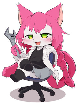 anthro blush bottomwear braided_hair chair clothed clothing coat crossed_legs female fully_clothed furniture green_eyes hair holding_object lab_coat legwear long_tail looking_at_viewer pink_hair simple_background skirt smile solo stockings swivel_chair tail tools topwear white_background wrench young young_anthro young_female dagasi cat_busters neko_hakase domestic_cat felid feline felis mammal hi_res
