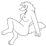 1:1 2014 anthro bedroom_eyes big_breasts breasts chest_tuft female fur gnoll half-closed_eyes hyena looking_back mammal narrowed_eyes nipples nude seductive smile solo striped_hyena trout_(artist) tuft