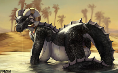 anthro anus areola backsack balls belly big_belly big_breasts black_body black_scales breasts curved_horn eyes_closed facial_scar genitals grey_areola grey_nipples hanging_breasts herm horn horn_jewelry horn_ring huge_belly huge_breasts intersex jewelry nipples non-mammal_breasts non-mammal_nipples oasis palm_tree plant pregnant pregnant_anthro pregnant_herm pregnant_intersex reflection ring_(jewelry) scales scar solo tree vulva water magnetus mythology linna_auriandi_(character) dragon mythological_creature mythological_scalie scalie 2026 absurd_res hi_res