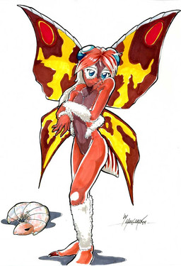 anthro arthropod_abdomen blue_eyes breasts covering covering_self female hair insect_wings lepidopteran_wings looking_at_viewer non-mammal_breasts pose red_hair small_breasts solo wings mangaman mothra_(series) toho mina mothra arthropod insect kaiju larva lepidopteran moth 2009 signature