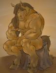 abs armband athletic biceps big_muscles bracelet brown_hair convenient_censorship fur hair hooves jewelry looking_at_viewer male muscular muscular_male native_american necklace nude pecs sitting solo tattoo tribal ozzan aether718 equid equine horse mammal hi_res