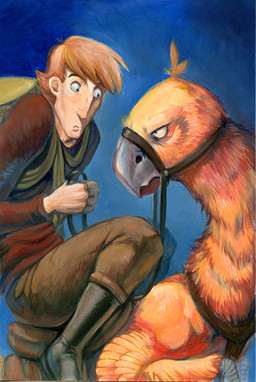 ambiguous_gender bridle duo eye_contact feral grumpy harness looking_at_another male mount reins riding saddle straddling hibbary avian human mammal painting_(artwork) traditional_media_(artwork)
