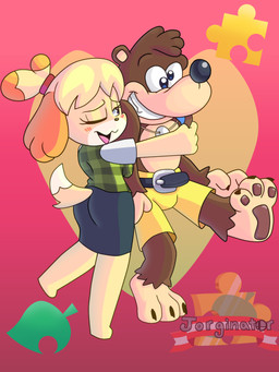 anthro backpack blush bottomwear clothed clothing duo female fur happy hug jewelry male male/female necklace open_mouth open_smile pawpads shorts smile standing jorginator animal_crossing banjo-kazooie nintendo rareware super_smash_bros. banjo_(banjo-kazooie) isabelle_(animal_crossing) bear brown_bear canid canine canis domestic_dog mammal shih_tzu toy_dog ursine 3:4 hi_res