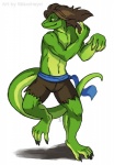 anthro biped brown_hair clothed clothing dancing green_body green_eyes green_scales hair long_hair long_tail male partially_clothed scales simple_background smile solo standing tail topless white_background wooperworks drake_searas lizardman reptile scalie