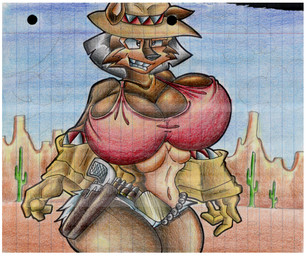 anthro ask_blog belt big_breasts black_hair border bottomwear breasts brown_body brown_fur bullet bullet_belt cactus clothing crop_top female fur gloves gun hair handgun handwear hat headgear headwear holster huge_breasts jacket multicolored_body multicolored_fur navel pistol plant ranged_weapon shirt shorts solo tan_body tan_fur teeth thick_thighs topwear two_tone_body two_tone_fur weapon white_border wild_west virus-20 june_coyote canid canine canis coyote mammal 2014 traditional_media_(artwork)