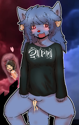 anthro blue_body blue_fur blue_hair blush bodily_fluids bottomless cervix clothed clothing duo extreme_size_difference female fur genital_fluids genitals hair heart_symbol horn internal macro micro red_eyes shirt shirt_only silhouette_background size_difference topwear topwear_only unbirthing vaginal vaginal_fluids vore vulva teruni-inamor alien human mammal naremi constructed_language