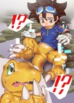 ?! anthro bodily_fluids brown_eyes brown_hair duo eyewear eyewear_on_head goggles goggles_on_head green_eyes hair male mid_transformation sweat transformation yellow_body skink_hisshiss bandai_namco digimon taichi_kamiya agumon digimon_(species) human mammal scalie hi_res