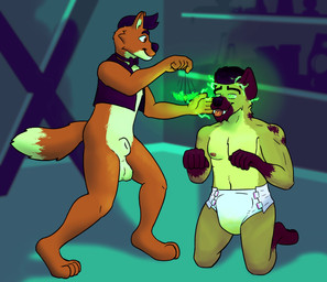 animal_genitalia anthro anthro_on_anthro balls begging begging_pose bodily_fluids bondage_gear bow_tie clothed clothing diaper dominant dominant_male dungeon duo fixation fuzzy_balls genital_fluids genitals glowing glowing_eyes green_glow hypnosis kneeling magic magic_spell male male/male mind_control mostly_nude muscular muscular_sub nipples open_mouth pantsless paws pendulum pendulum_swing pink_diaper pose raised_paw sheath spiral spiral_eyes standing submissive submissive_male tongue tongue_out topwear unclean_diaper urine used_diaper vest wet_diaper elio_bones canid canine fox hyena mammal red_fox spotted_hyena true_fox 2025 absurd_res hi_res