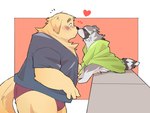 anthro biped blush brown_body brown_fur clothing duo fur grey_body grey_fur heart_symbol kemono male nose_kiss overweight overweight_male shirt sitting size_difference topwear underwear inunoshippo canid canine canis domestic_dog mammal procyonid raccoon 2024 4:3 hi_res