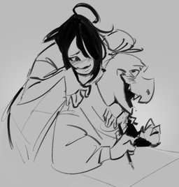 anthro black_hair clothed clothed_anthro clothed_human clothing duo female fingers grey_background hair holding_object mouth_closed open_mouth shell simple_background smile teeth rekkadraws human mammal scalie 2025 character_request digital_drawing_(artwork) digital_media_(artwork) monochrome sketch