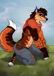 anthro blep claws fluffy fluffy_tail grass kneeling looking_at_viewer male outside plant smile solo tail tongue tongue_out annairu archie_(thearchiefox) canid canine fox mammal hi_res