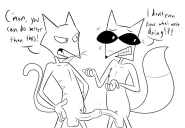 anthro balls bodily_fluids dialogue docking duo erection eyewear eyewear_only foreskin foreskin_play genitals glasses glasses_only humanoid_genitalia humanoid_penis male male/male nude penile penis sex simple_background sunglasses sunglasses_only sweat text wearing_glasses darkajugin cartoon_network courage_the_cowardly_dog katz_(courage_the_cowardly_dog) the_cajun_fox canid canine domestic_cat felid feline felis fox mammal english_text hi_res monochrome