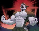 abs anthro biceps bodily_fluids clothed clothing male muscular muscular_male pecs saliva saliva_string solo topless anjing_kampuss joseph_(anjing_kampuss) canid canine canis domestic_dog mammal nordic_sled_dog spitz hi_res